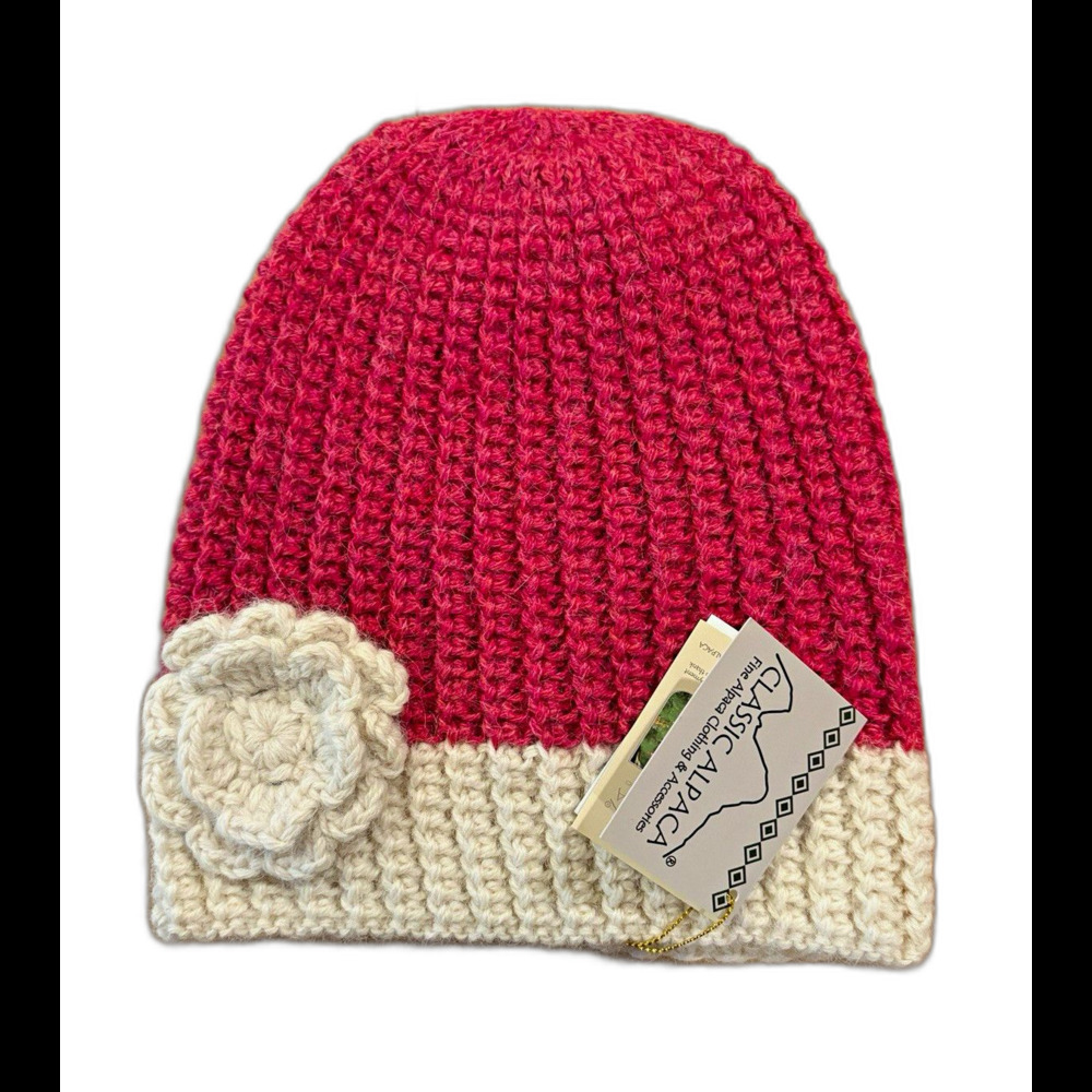 Classic Alpaca Knit Flower Beanie Hat Red Cream 100% Alpaca Peru Bohemian